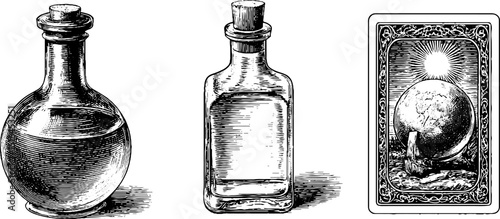 Vintage magic potion bottles and mystical card for alchemy and fantasy design