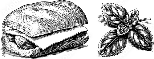 Engraved food art: meatball sub and basil leaves for culinary design