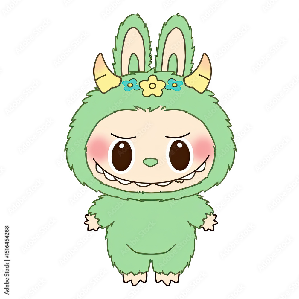 Cute character in green furry costume with bunny ears and horns Cute character in green furry costume with bunny ears and horns