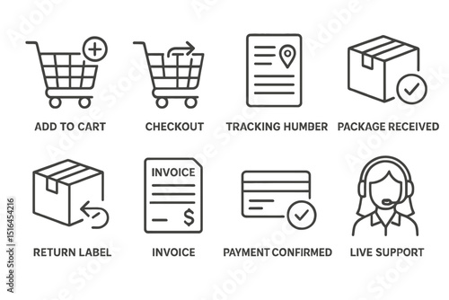 E-commerce icons: cart, checkout, tracking, package, invoice, support