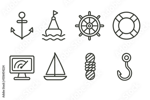 Nautical icons: anchor, buoy, ship wheel, life ring, boat, fishing hook on olive background