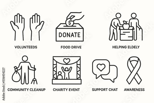 Volunteer icons: donation, food drive, community cleanup, and support activities