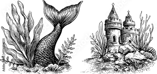 Engraved mermaid tail and underwater castle illustration set for nautical design