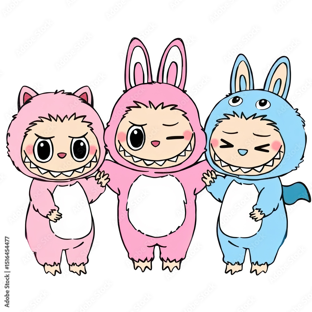 Fototapeta premium Three cartoon characters in animal costumes smiling together 