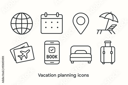 Vacation planning icons: globe, calendar, location, umbrella, tickets, phone, bed, suitcase