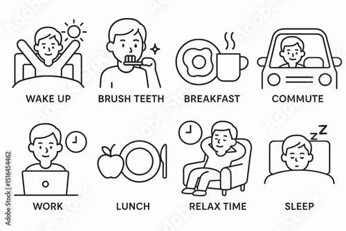 Daily routine of young caucasian male: morning to night activities illustrated