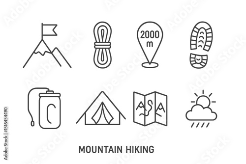 Mountain hiking icons: adventure, equipment, and outdoor exploration symbols