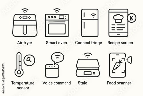 Smart kitchen appliances icons: air fryer, smart oven, fridge, recipe screen, sensor, voice command, scale, food scanner
