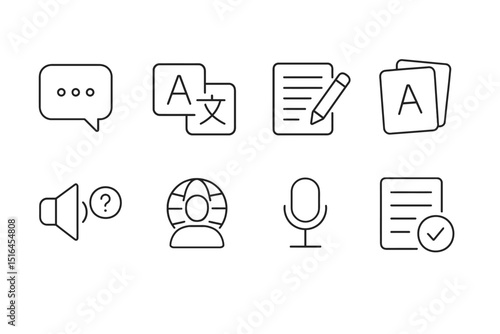 Language translation and communication icon set featuring text, audio, and speech symbols