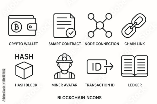 Blockchain icons set featuring crypto wallet, smart contract, miner avatar, ledger