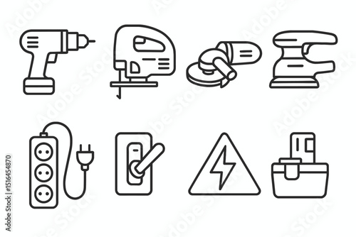 Outline icons of power tools and electrical equipment
