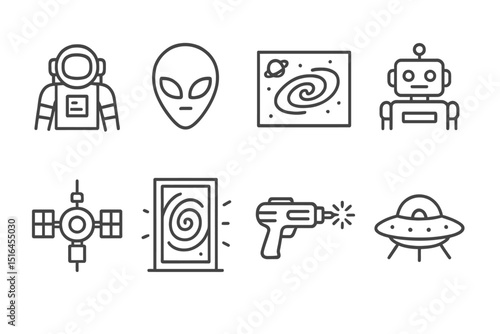 Futuristic sci-fi icons: alien, spaceship, robot, astronaut, ray gun, galaxy