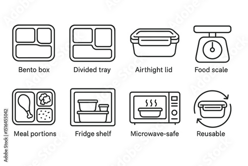 Kitchen icons: bento box, divided tray, airtight lid, food scale, reusable microwave-safe containers
