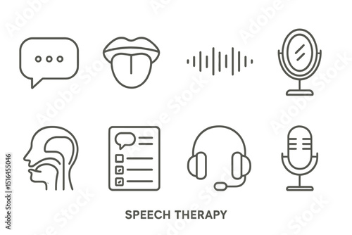 Speech therapy tools and icons: communication, microphone, headset, oral, vocal therapy