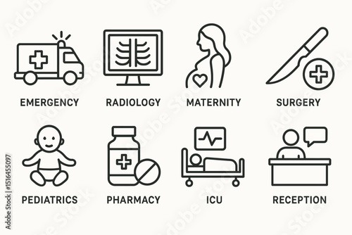 Medical icons set: emergency, radiology, maternity, surgery, pediatrics, pharmacy, icu, reception