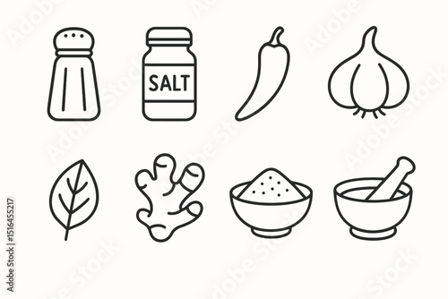 Spice and herb icons: salt, chili, garlic, leaf, ginger, bowl, mortar and pestle