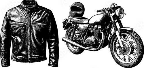 Vintage motorcycle and leather jacket engraving for retro design and collectors