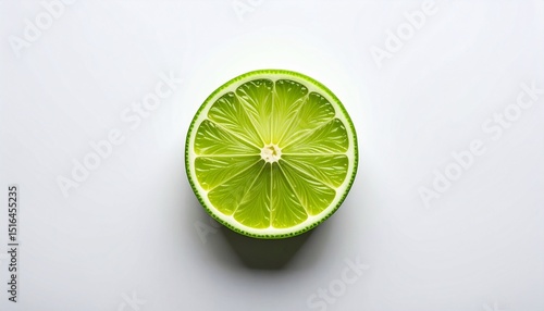 Top view of fresh lime slices on isolated white background, showcasing vibrant green color and juicy texture. Ideal for culinary, beverage, health, and food stock photography.