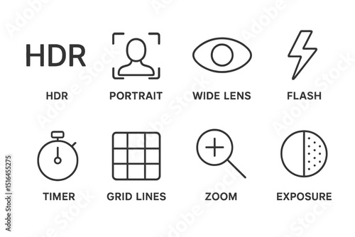 Camera interface icons: hdr, portrait, wide lens, flash, timer, grid, zoom, exposure