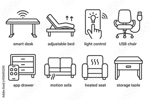 Smart furniture icons: desk, bed, light control, usb chair, drawer, sofa, heated seat, table