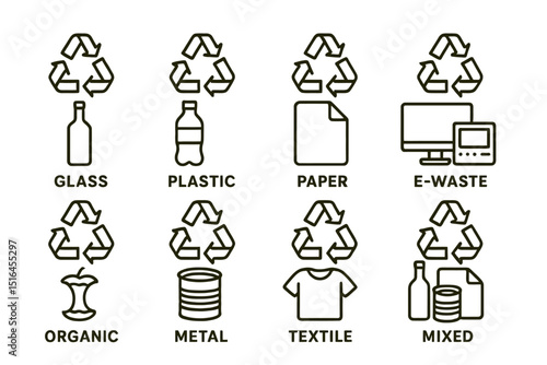 Recycling symbols: glass, plastic, paper, e-waste, organic, metal, textile, mixed