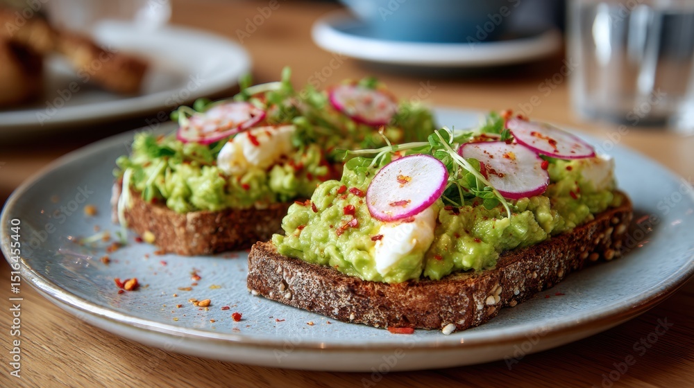 Fresh avocado toast with radish slices and microgreens on whole grain bread served on a blue plate for breakfast or healthy snack Fresh avocado toast with radish slices and microgreens on whole grain bread served on a blue plate for breakfast or healthy snack
