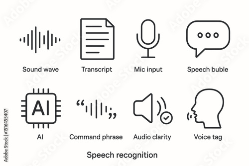Speech recognition icons: sound wave, transcript, mic, ai, voice tag