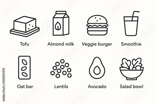 Vegan icons: tofu, almond milk, veggie burger, smoothie, oat bar, lentils, avocado, salad bowl