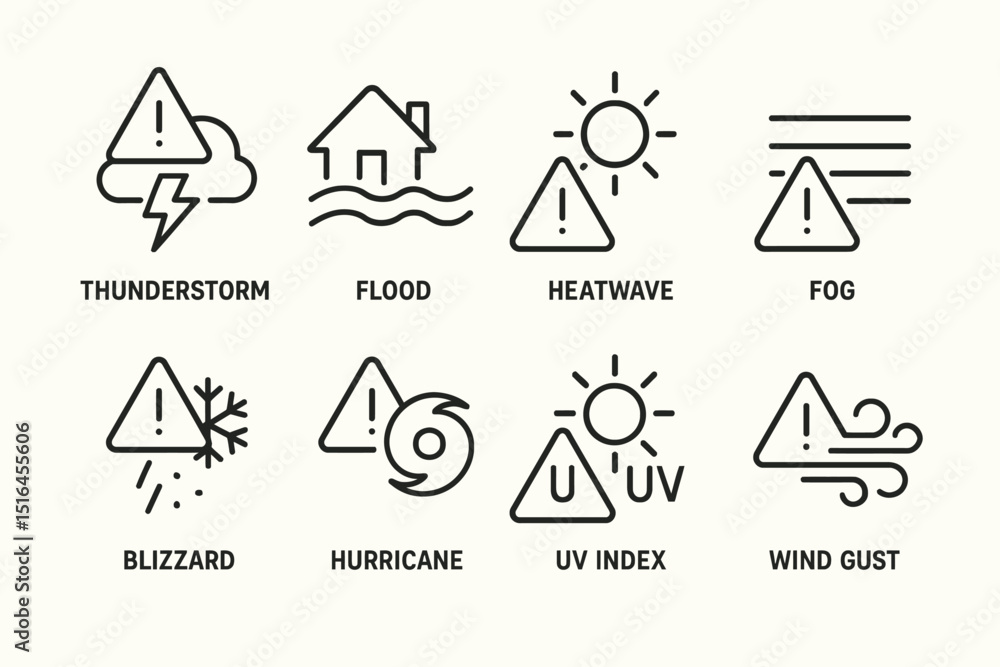 Weather alert icons: thunderstorm, flood, heatwave, fog, blizzard, hurricane, uv index, wind gust Weather alert icons: thunderstorm, flood, heatwave, fog, blizzard, hurricane, uv index, wind gust