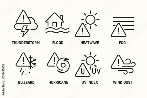 Weather alert icons: thunderstorm, flood, heatwave, fog, blizzard, hurricane, uv index, wind gust