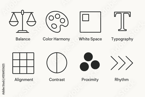 Design principles icons: balance, contrast, alignment, typography, color harmony, white space