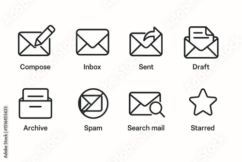 Email icons set: compose, inbox, sent, draft, archive, spam, search, starred