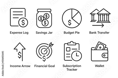 Finance icons: expense log, savings jar, budget pie, bank transfer, income arrow, financial goal, subscription tracker, wallet