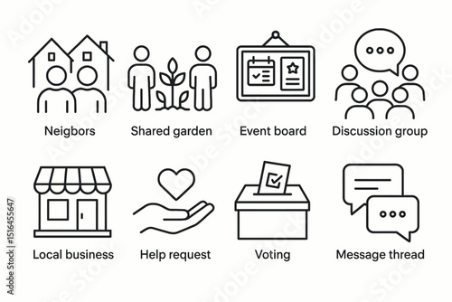Community connection icons: neighbors, garden, events, discussion, local business, voting, messaging