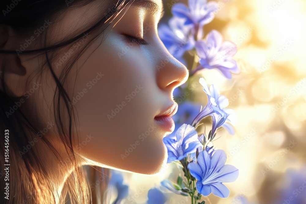 Close-up profile view of a young person's face, inhaling the scent of blossoms. Close-up profile view of a young person's face, inhaling the scent of blossoms.