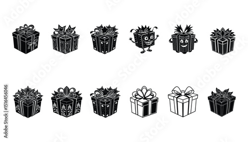 A Collection of Christmas Gift Box Ornament Icon Silhouette Vector Illustration
