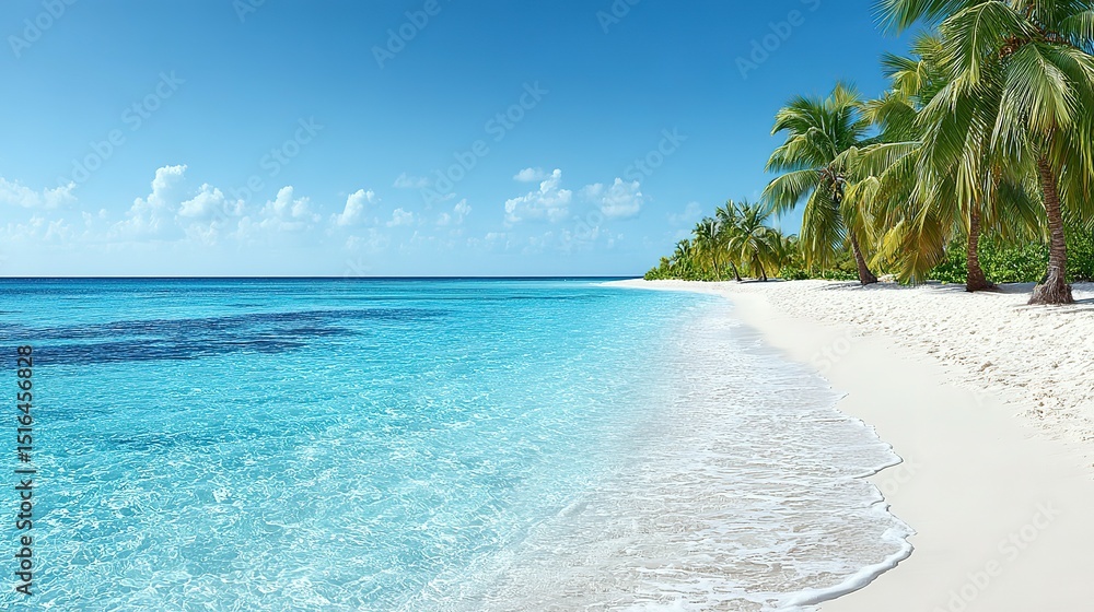 Fototapeta premium Pristine beach scene with turquoise water and palm trees.