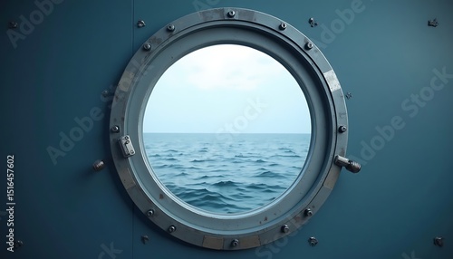 Round Porthole Window with Ocean View in Blue Interior