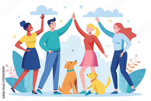 Diverse Group of People Celebrating Success with Dogs in Flat Design