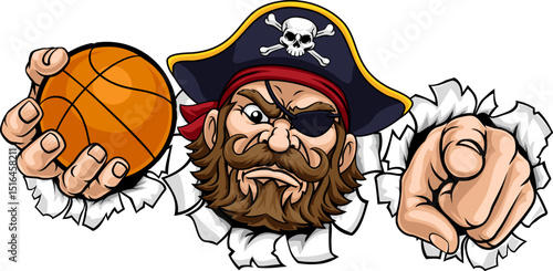 A Pirate man holding Basketball ball and pointing sports team cartoon charcater mascot illustration.