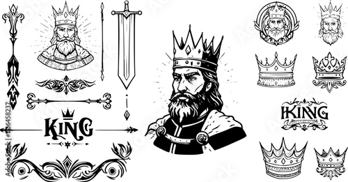 Modern elements, hand-drawn graphics. Golden King. Isolated on white background, logo vector illustration, logo