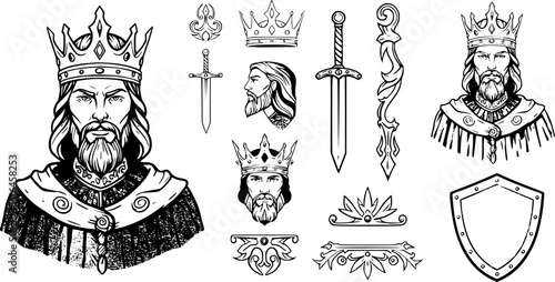 Modern elements, hand-drawn graphics. Golden King. Isolated on white background, logo vector illustration, logo