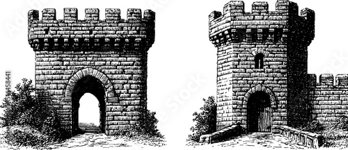 Engraved illustrations of historic castle gate towers for architectural design projects