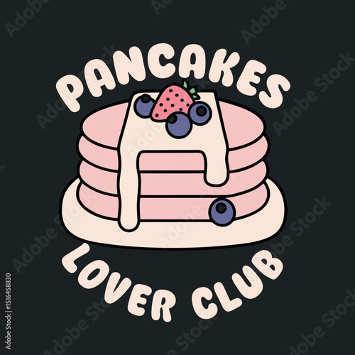 Illustrated stack of pancakes with berries and pancake lover club text design