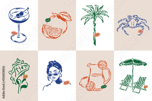 La Dolce Vita doodles. Minimal sketch style travel vector illustration set. Art for postcards, branding, logo design, greeting cards, menu, wedding invitations.