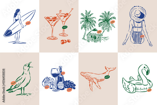 La Dolce Vita doodles. Minimal sketch style travel vector illustration set. Art for postcards, branding, logo design, greeting cards, menu, wedding invitations.