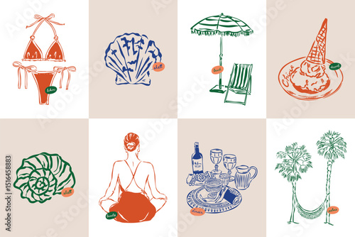 La Dolce Vita doodles. Minimal sketch style travel vector illustration set. Art for postcards, branding, logo design, greeting cards, menu, wedding invitations.