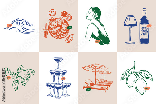 La Dolce Vita doodles. Minimal sketch style travel vector illustration set. Art for postcards, branding, logo design, greeting cards, menu, wedding invitations.
