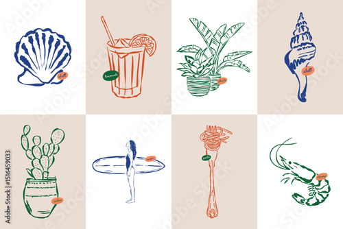 La Dolce Vita doodles. Minimal sketch style travel vector illustration set. Art for postcards, branding, logo design, greeting cards, menu, wedding invitations.