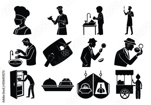 World Food Safety Day Concept Hygiene, Inspection & Clean Cooking Icons (Silhouette Set)